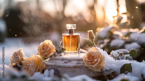 Amber Glow Perfume Bottle in Frozen Winter Scene