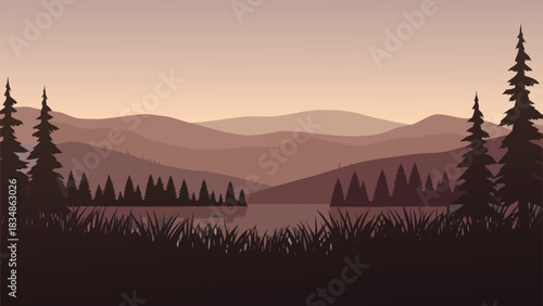 a serene landscape featuring silhouetted trees and a calm lake at dusk