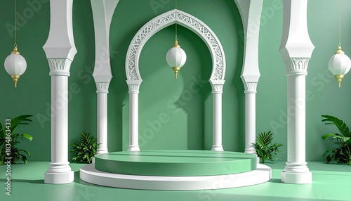 Elegant teal and  Islamic display stage with arches, pillars, perfect for festive events.