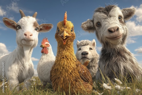 Un retrato divertido de una gallina y tres cabras sonriendo en un campo florecido.