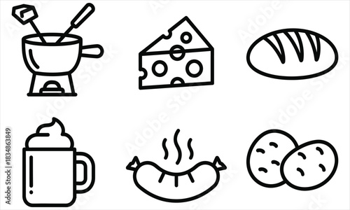 European food and drink line icon collection featuring cheese fondue, sausage, bread, potatoes, and a hot beverage for culinary design