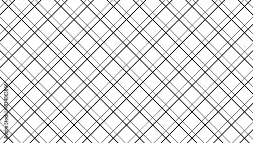 Diagonal cross line grid seamless pattern. Geometric diamond texture. Black diagonal line mesh on white background. Minimal quilted fabric. Metallic wires fence pattern