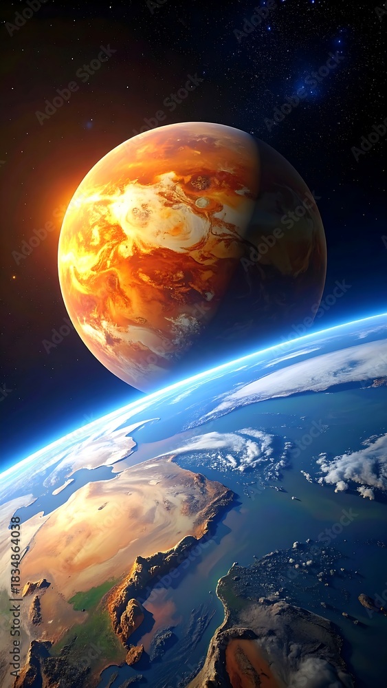 Obraz premium Dramatic view showcasing Earth and a fiery celestial body