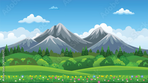 a picturesque landscape featuring mountains trees a meadow and a bright blue