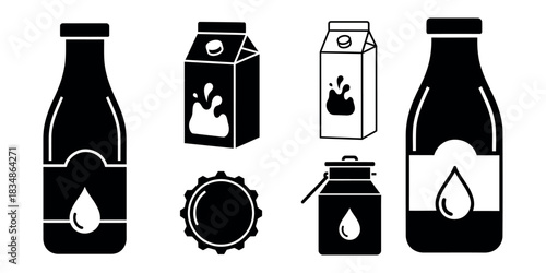 Monochrome vector icons of milk packaging types isolated on white background