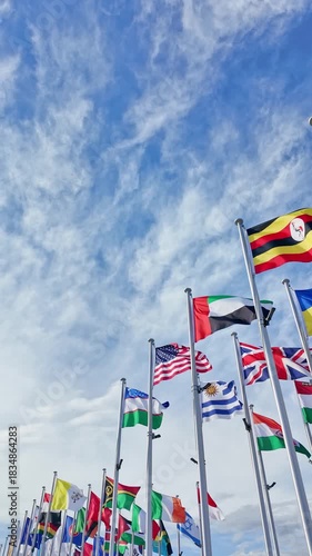 Flags of all nations fluttering in the wind