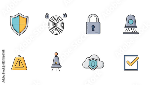 Security Icons - Shield, Fingerprint, Padlock, Alarm, Warning, Server, Cloud, Checkmark.