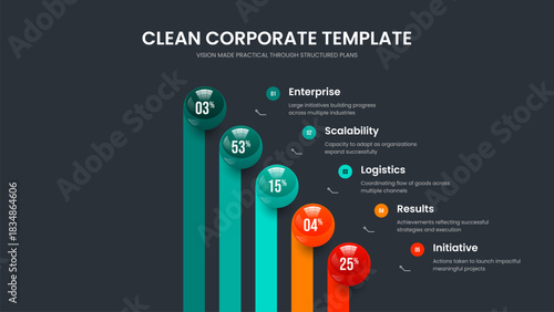 Corporate Insight 5 Option Diagram Slide Template. Modern Proposal Presentation Layout Vector Illustration. Company Briefing Five Element Infographic Frame Design.