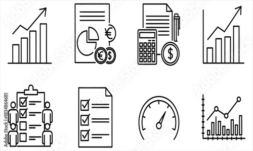 Set of thin line business and finance icons for analytics, reporting, and data visualization