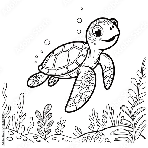 Black and white cartoon sea turtle swimming with bubbles and seaweed ocean animal