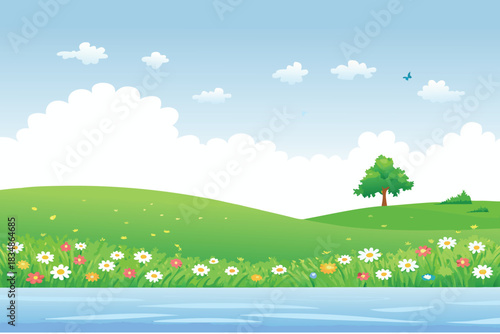 a bright and cheerful illustration of a green field with blue sky