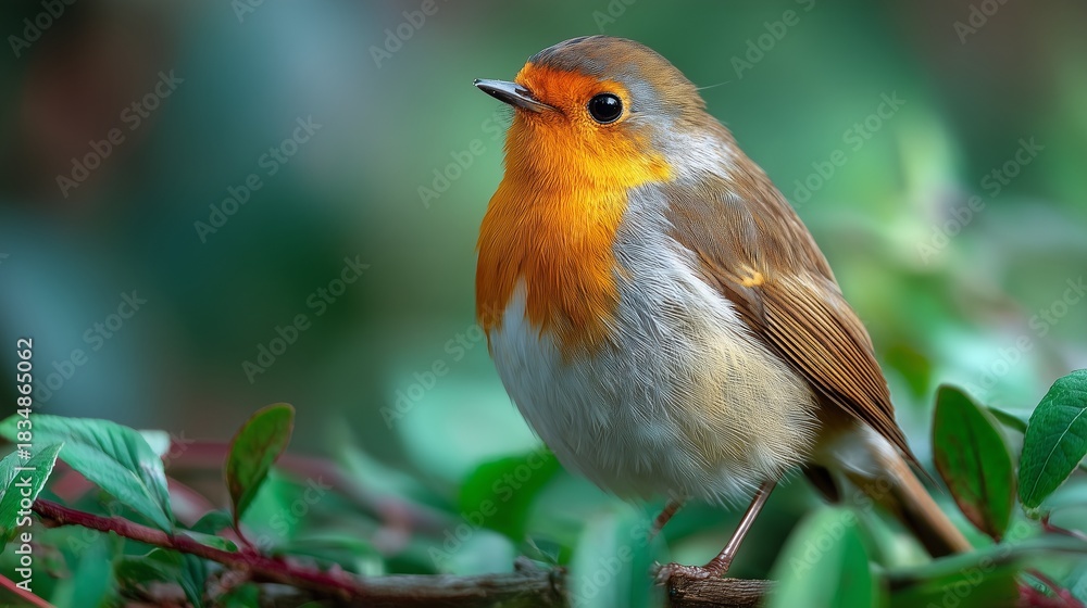 Fototapeta premium A beautiful robin bird with a reddish-orange face and breast perched on a small branch, its feathers soft and detailed, looking around curiously in natural light 