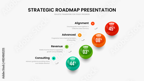 Simple Overview Slide Design Vector Illustration. Enterprise Launch Four Option Graph Slideshow Layout. Sales Proposal 4 Element Infographic Frame Template.