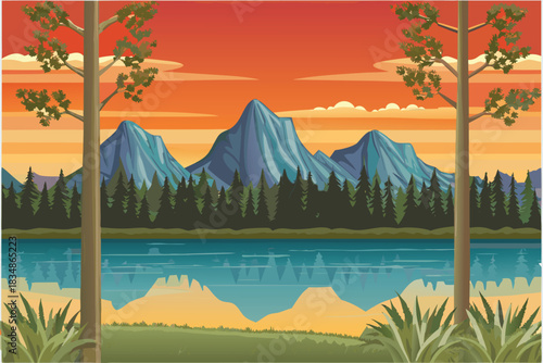 A peaceful landscape featuring mountains forest lake and a beautiful sunset scene