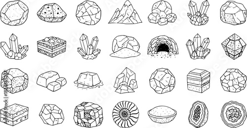 Hand Drawn Set of Rocks, Minerals, Crystals  Geological Elements - Outline Stone  Gemstone Icons