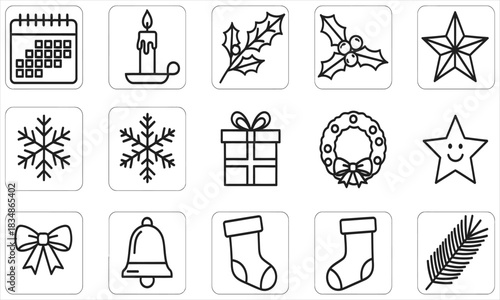 Festive Christmas Icon Set Calendar, Candle, Holly, Star, Snowflake, Gift, Wreath, Bow, Bell, Stocking, and Sprig