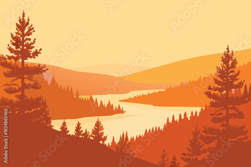 A serene landscape featuring silhouetted trees and a winding river at sunset