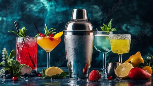Cocktail shaker with colorful cocktails drinks with fruits and mint for summer party and celebrations