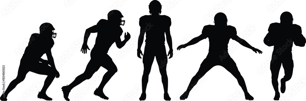 Naklejka premium American football player silhouettes, helmet, shoulder pads, running pose, defensive stance, sports action, athlete motion, team game, black vector illustration