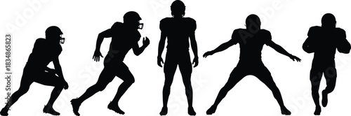 American football player silhouettes, helmet, shoulder pads, running pose, defensive stance, sports action, athlete motion, team game, black vector illustration