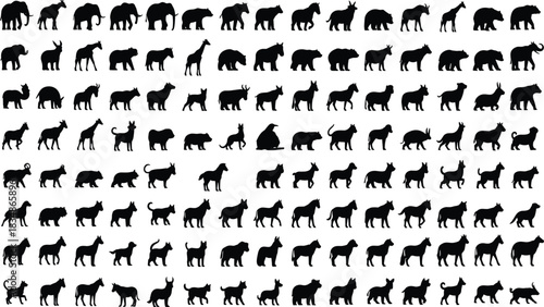 Animal silhouette grid, diverse species, black and white contrast, wildlife icons, mammal shapes, educational design, visual recognition, nature illustration, species variety, animal classification