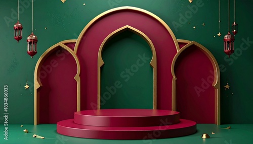 Elegant teal and  Islamic display stage with arches, pillars, perfect for festive events.