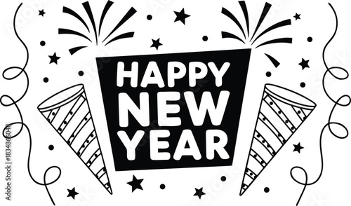 Happy new year celebration with fireworks and party horns doodle art