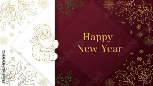 Christmas Wishes: A festive card with a hand-drawn Santa Claus, and the warm message Happy New Year, accompanied by elegant decorations.