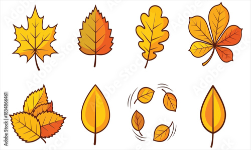 Vibrant collection of colorful autumn tree leaves, featuring maple, oak, and birch in a cartoon vector illustration style for seasonal design 14