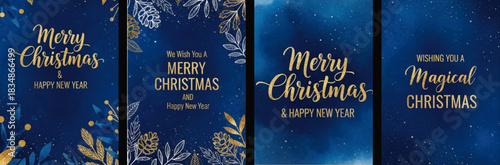 Luxury Christmas Gold Foil Invitation Card Vector. Elegant Design with Pine Leaves, Snowflake, and Spot Texture on Navy Blue Background for Holiday Cards, Premium Prints, Party Posters, and Festive Ad