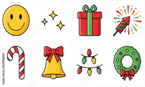 Set of Colorful Christmas and Holiday Icons Including a Candy Cane, Bell, Lights, Wreath, Present, and Fireworks