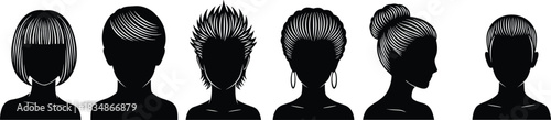 WeBlack hair silhouette illustration, diverse female hairstyles, fashion beauty icons, trendy haircut styles, character design elements, vector head profilesb