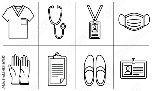 Essential Medical Icons Scrub Top, Stethoscope, Mask, Gloves, and More - A Vector Illustration Set