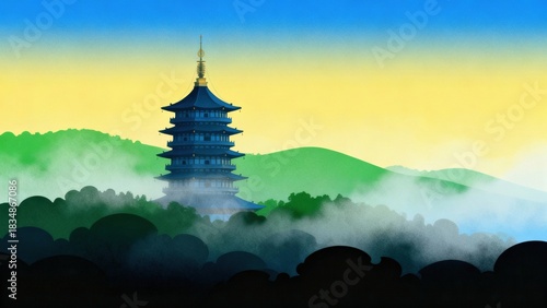 A traditional multi-tiered pagoda rises above misty hills and dense forest under a gradient sky.