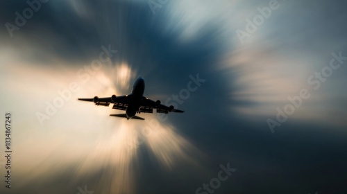 Wallpaper Mural telephoto. An aircraft ascending through a cloudy sky during golden hour, capturing dynamic motion. mobility guides, transit brochures, designed for transport & logistics marketing.
 Torontodigital.ca