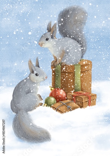 watercolor drawing squirrels and Christmas gift boxes in snow, hand drawn illustration