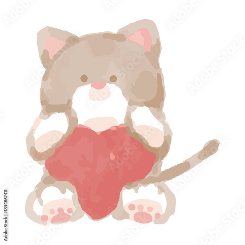 Fluffy Cat Watercolor Series – Cat Holding a Heart