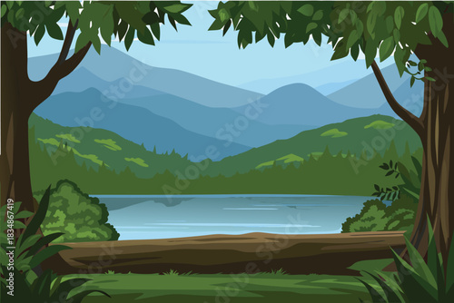 Photos a serene landscape with lush trees framing a distant mountain lake view