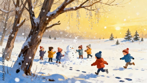 Children playing in a snowy winter landscape, building a snowman near a tree during sunset