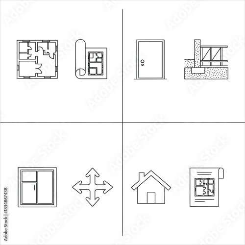 Architectural blueprint icons showcasing house plans, doors, windows, and construction elements