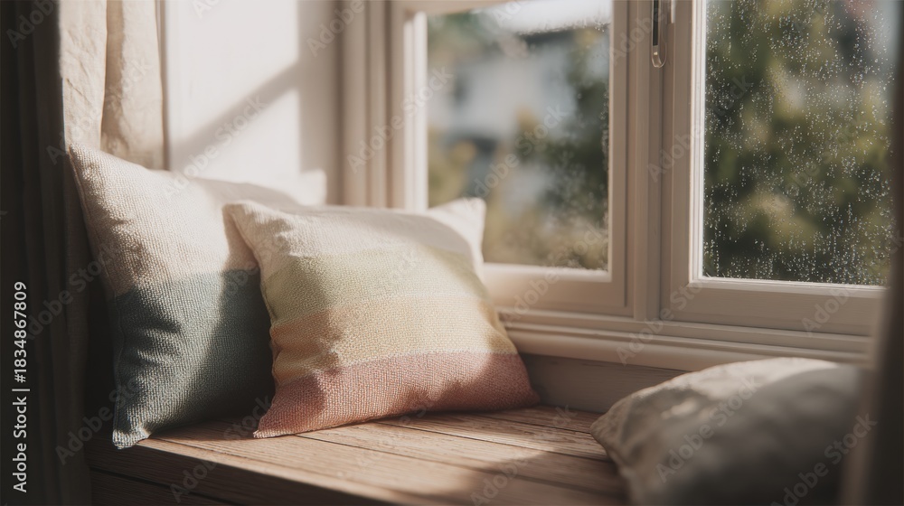 Fototapeta premium Window seat with two throw pillows on it. the window is open and the view outside is blurred, but it appears to be a garden or a park with trees and greenery.