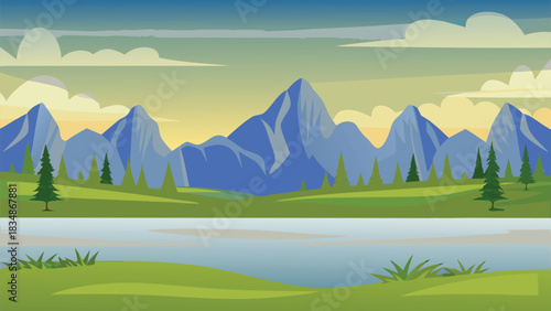 A peaceful illustration depicting vibrant mountains lush greenery and a calm lake