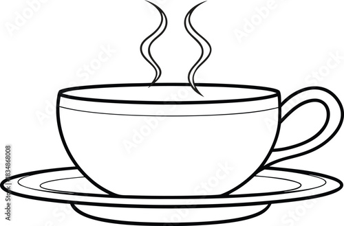Simple line drawing of a steaming cup of coffee or tea on a saucer
