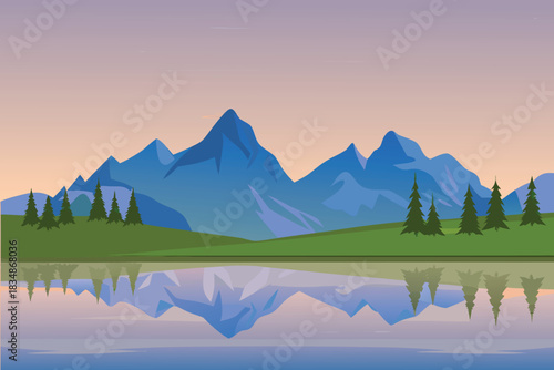 a scenic illustration of blue mountains and green fields with water reflection