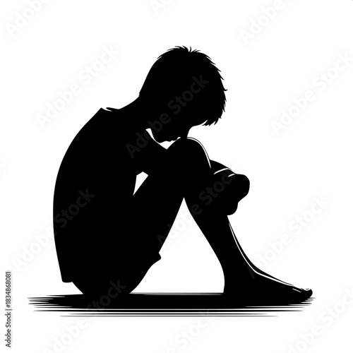 Black and White Vector Boy Hugging Knees on Ground