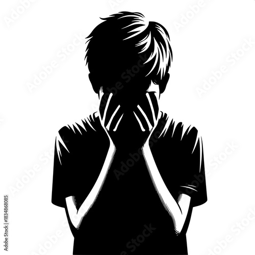 Black and White Vector Boy Crying with Hands on Face
