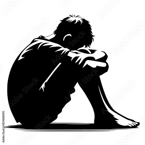 Black and White Vector Boy Hugging Knees on Ground