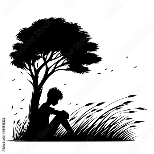 Black and White Vector Boy Sitting Beside Tree in Silence