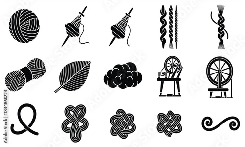 Diverse Collection of Black and White Vector Icons Illustrating Traditional Fiber Arts, Yarn Production, Knitting, Weaving, and Handmade Textile Crafts with Tools and Knots