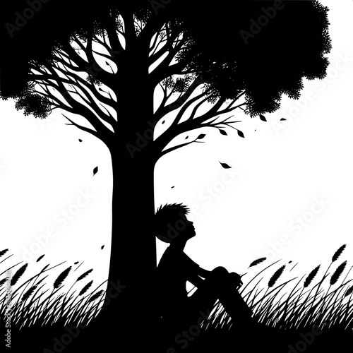 Black and White Vector Boy Sitting Beside Tree in Silence